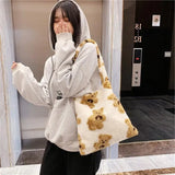 Canvas Fluffy Fur Bear Handbags Large Capacity Soft Shopping Bags School Bag
