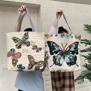 Canvas Handbag Birds Owl Butterfly Print Shoulder Tote Bag