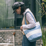 Canvas Japanese Striped Shoulder Bag Contrast Stitching Handbag