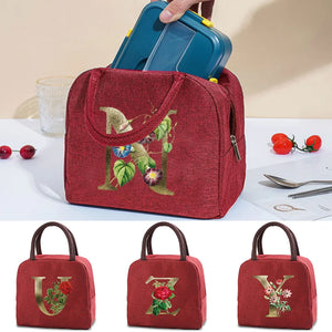 Canvas Lunch Bag Golden Flower Printing Picnic Travel Cooler Breakfast Box