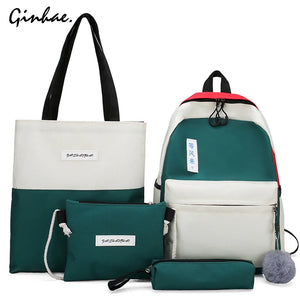 Canvas Panelled Large Capacity Shoulder Bags Women 4pcs/set