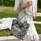 Embroidery Pattern Canvas Shoulder Bag Retro Large Capacity Tote Handbag