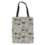 Flower & Dog Print Canvas Shoulder Bag - Casual Tote