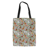 Flower & Dog Print Canvas Shoulder Bag - Casual Tote