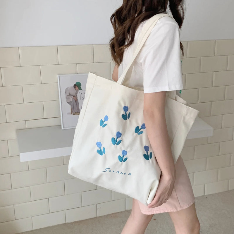 Tulip Printing Canvas Shoulder Bag Women Handbag Tote