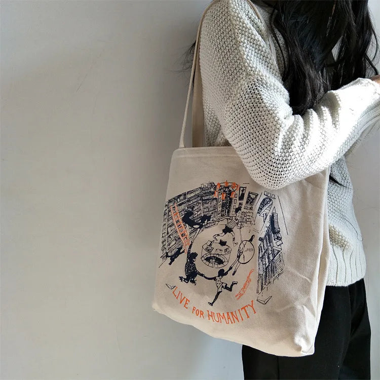 Korean Canvas Shoulder Bag for Women Large Tote Shopper Bags Handbag