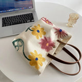 Canvas Shoulder Bags Women Floral Print Large Capacity Shopping Travel Tote Bag