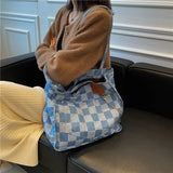 Canvas Shoulder Bags Women Large Capacity Checkerboard Students Preppy School