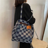 Canvas Shoulder Bags Women Large Capacity Checkerboard Students Preppy School
