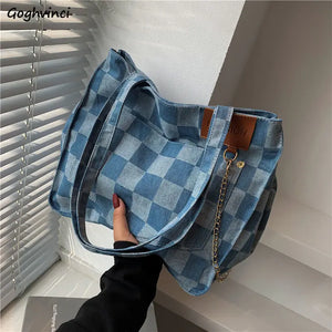 Canvas Shoulder Bags Women Large Capacity Checkerboard Students Preppy School