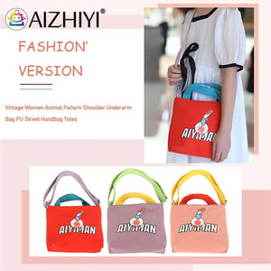 Canvas Shoulder Tote Bag Cartoon Messenger Handbag Animal Prints Zipper