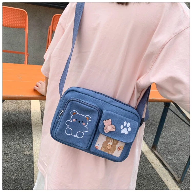 Embroidery Bear Girl Student Messenger Bag