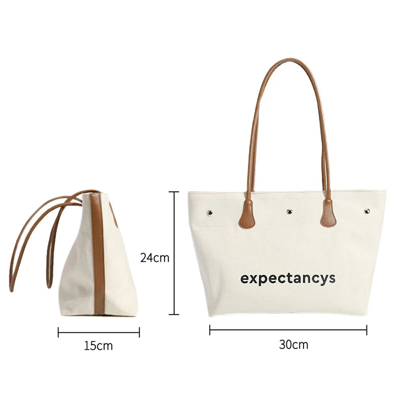 Canvas Solid Shoulder Bag Large Capacity Leather Handbag All-Match Tote