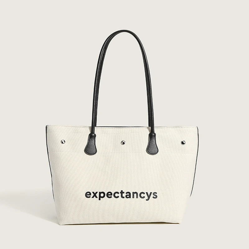 Canvas Solid Shoulder Bag Large Capacity Leather Handbag All-Match Tote