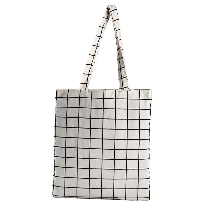Plaid Canvas Tote Bag Eco Shopping Handbag Large Capacity