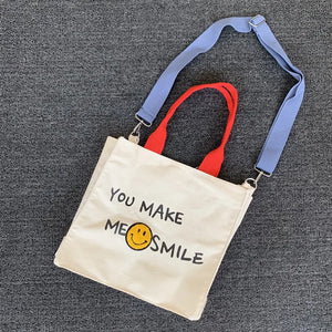 Smiley Letters Print Canvas Tote Bag Casual Crossbody Handbag for Women
