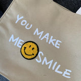 Smiley Letters Print Canvas Tote Bag Casual Crossbody Handbag for Women