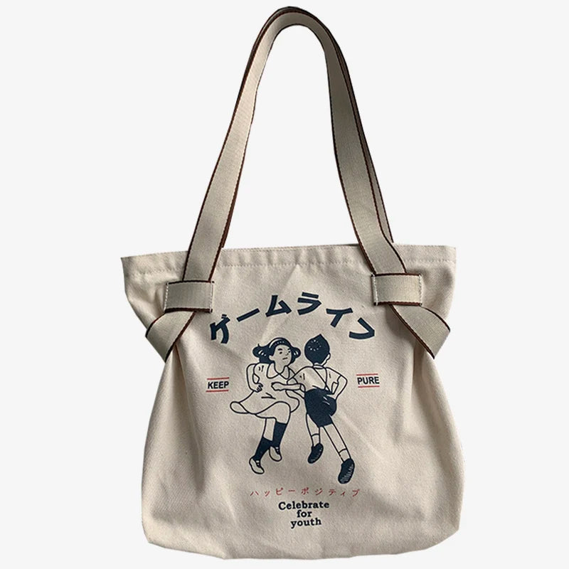 Japanese Style Retro Cartoon Anime Print Canvas Tote Bag Women Shopper Bag