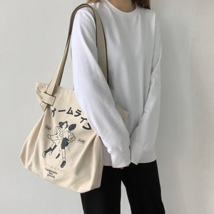 Japanese Style Retro Cartoon Anime Print Canvas Tote Bag Women Shopper Bag