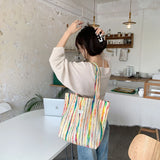 Rainbow Stripes Canvas Tote Bag Large Capacity Shopping Handbag