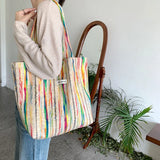 Rainbow Stripes Canvas Tote Bag Large Capacity Shopping Handbag