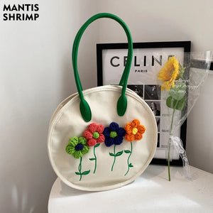 Canvas Tote Bag Women Summer Shoulder Bags Round Handbags Big Shopper Totes