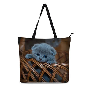 Cat Printed Canvas Tote Bag Lightweight Handbag Women Shoulder Bag