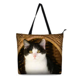 Cat Printed Canvas Tote Bag Lightweight Handbag Women Shoulder Bag