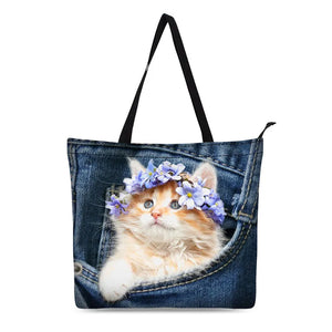 Cat Print Canvas Tote Bag for Women