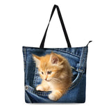 Cat Print Canvas Tote Bag for Women