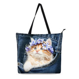 Cat Print Canvas Tote Bag for Women