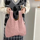 Corduroy Tote Bag for Women Cartoon Print Cotton Handbag