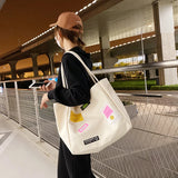 Smiley Letter Patch Canvas Tote Bag Girls Shopper Handbag
