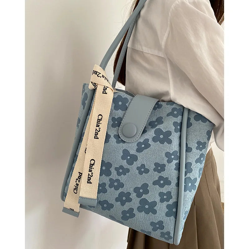 Flower Print Canvas Tote Bag for Women