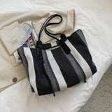 Striped Canvas Tote Bag for Women Large Capacity Shopper Handbag