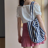 Casual Striped Canvas Tote Large Capacity Women Shoulder Bag