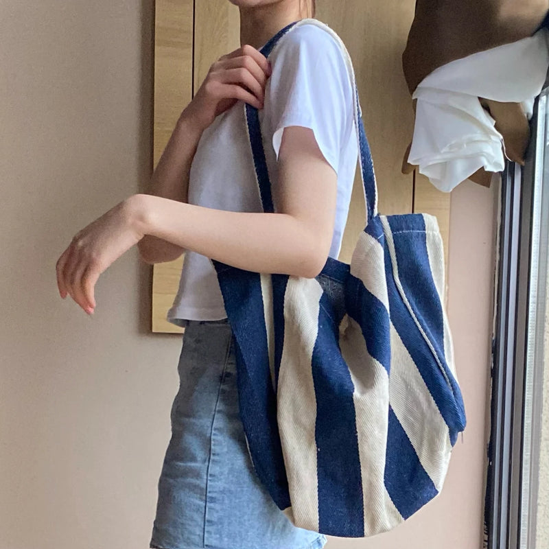 Casual Striped Canvas Tote Large Capacity Women Shoulder Bag