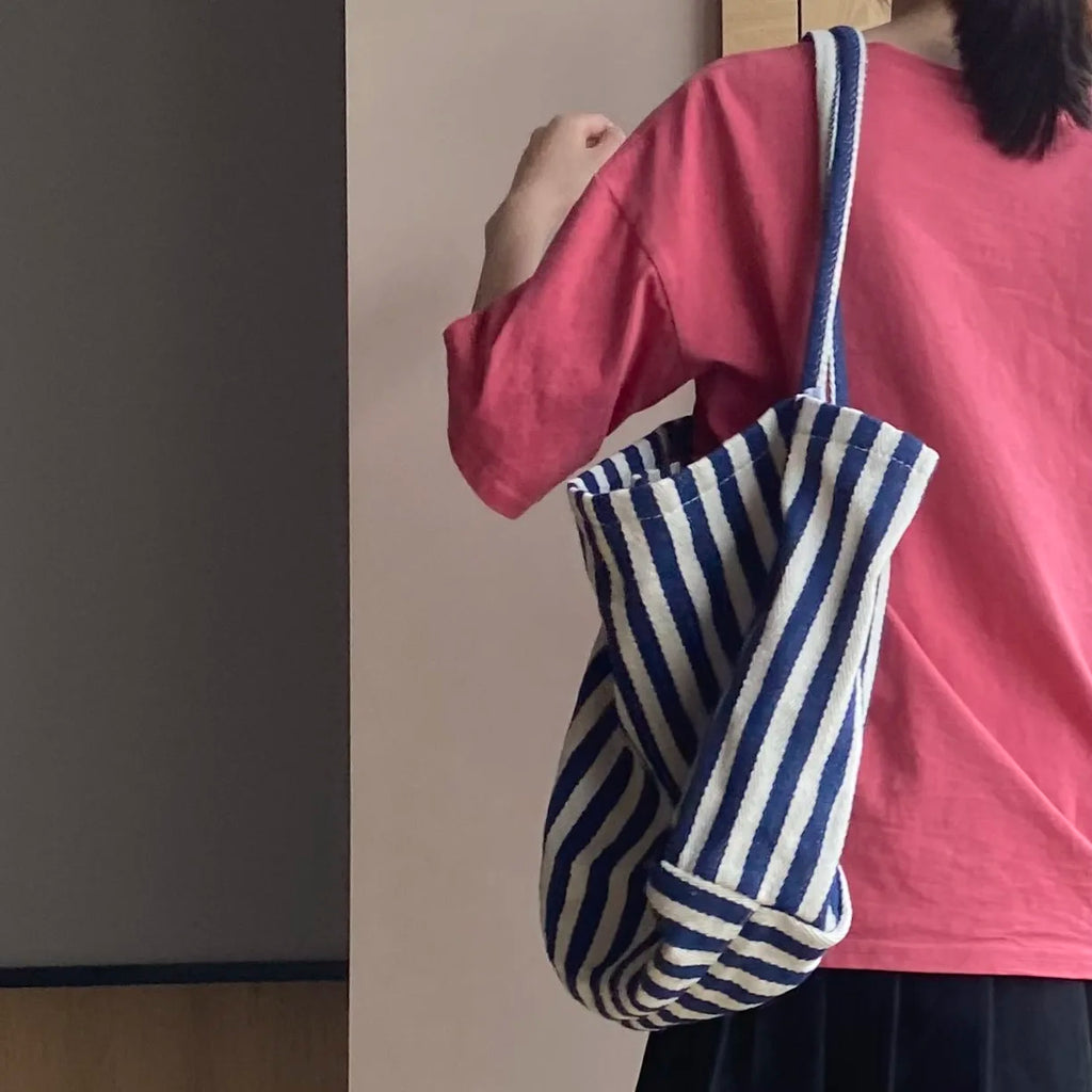 Casual Striped Canvas Tote Large Capacity Women Shoulder Bag