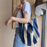 Casual Striped Canvas Tote Large Capacity Women Shoulder Bag
