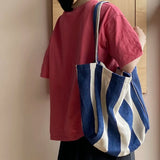Casual Striped Canvas Tote Large Capacity Women Shoulder Bag