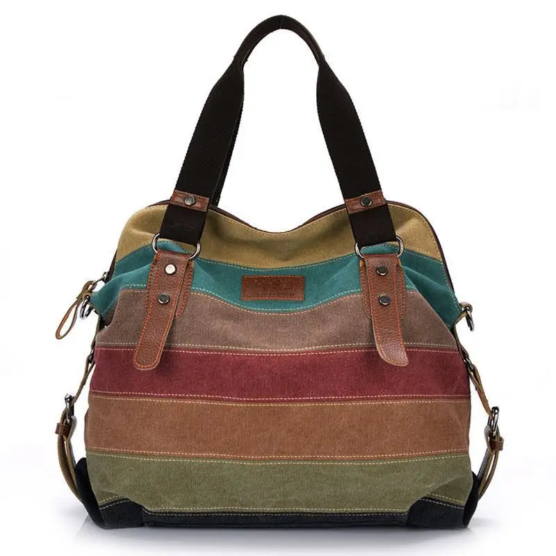 Rainbow Striped Canvas Tote Handbag Shoulder Bag