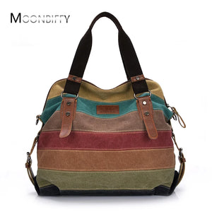 Canvas Totes Striped Womens Handbag Patchwork Rainbow Shoulder Bag