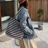 Canvas Striped Shoulder Bag Large Tote Shopper Bookbag