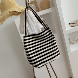Canvas Striped Shoulder Bag Large Tote Shopper Bookbag