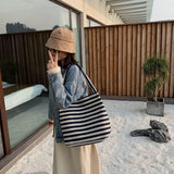 Canvas Striped Shoulder Bag Large Tote Shopper Bookbag