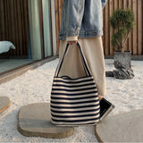 Canvas Striped Shoulder Bag Large Tote Shopper Bookbag