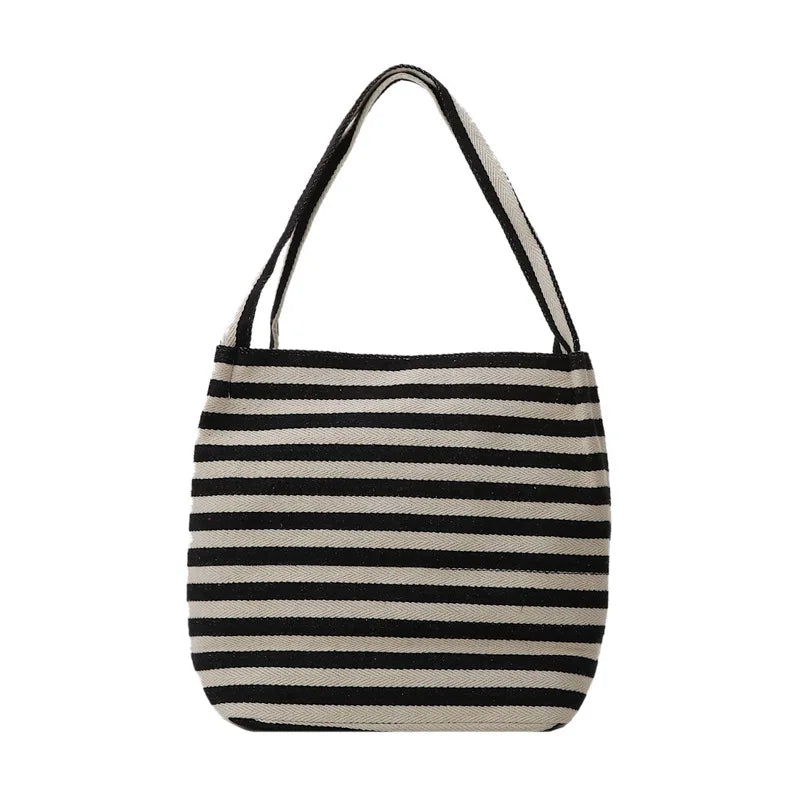 Canvas Striped Shoulder Bag Large Tote Shopper Bookbag
