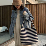 Canvas Striped Shoulder Bag Large Tote Shopper Bookbag