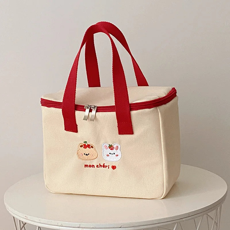 Canvas Women's Bear Embroidery Lunch Box Bag Tote Handbags