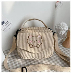 Preppy Style Student Tote Corduroy Bag Embroidery Girl Bear Shoulder Bag